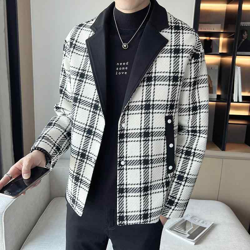 ジャケット メンズ 男性用 チェック柄 切り替え 配色 ウール調 メルトン ポリエステル 細身 スリムフィット カジュアル 普段使い デイリーユース 秋冬 アウター ホワイト ブラック モノトーン