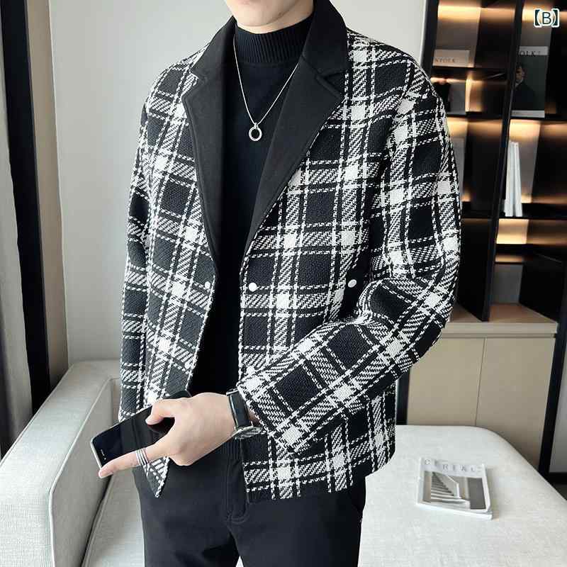 ジャケット メンズ 男性用 チェック柄 切り替え 配色 ウール調 メルトン ポリエステル 細身 スリムフィット カジュアル 普段使い デイリーユース 秋冬 アウター ホワイト ブラック モノトーン