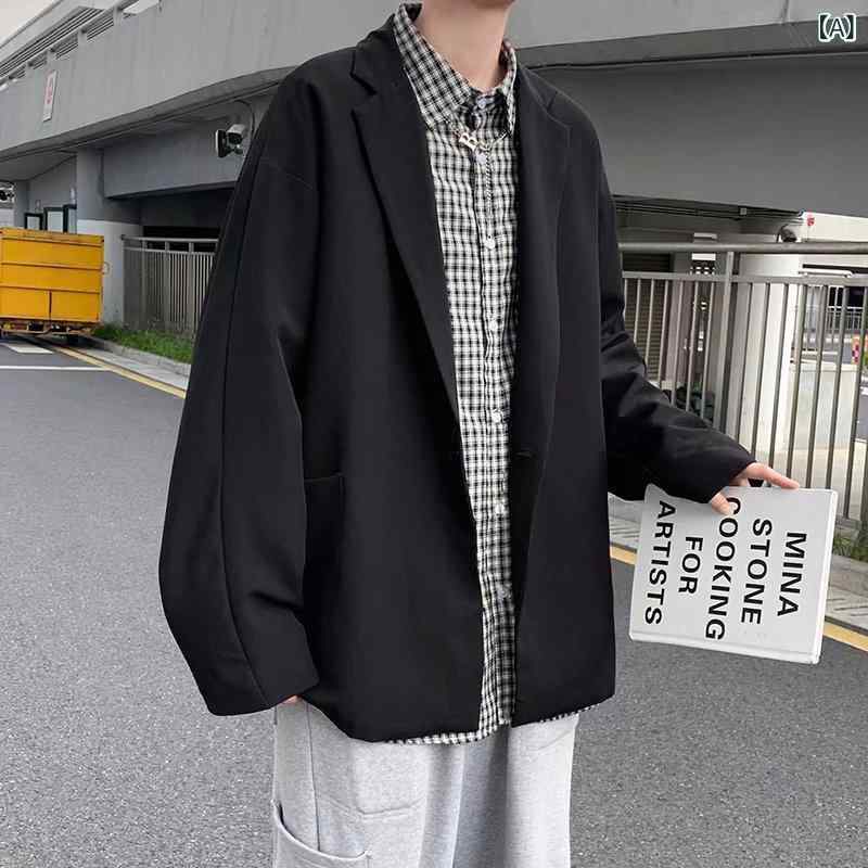 テーラードジャケット メンズ 男性用 秋冬 カジュアル ビジネス スタイリッシュ ゆったり ルーズフィット 無地 ポリエステル 混紡素材 長袖 防シワ加工 通気性 ポケット付き シングルブレスト 一つボタン 着回し アウター