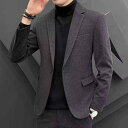 ジャケット メンズ 男性用 秋冬 ブレザー アウター カジュアル スリムフィット 細身 1つボタン シングルブレスト 高級感 韓国ファッション ビジネス オフィス 普段使い ウール メルトン ツイード ブラック グレー