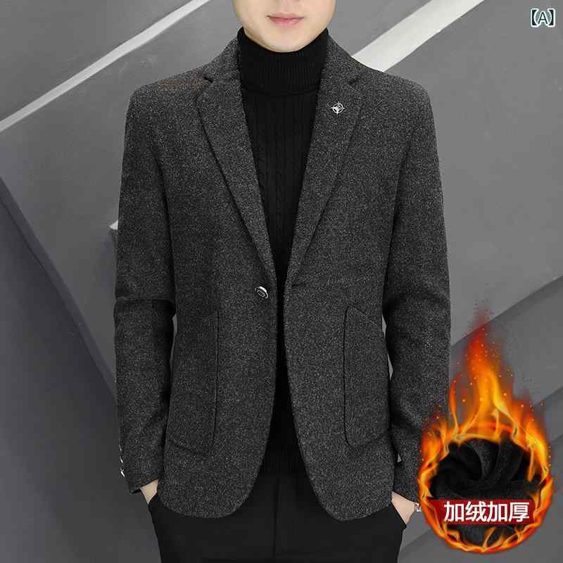 ブレザー メンズ 男性用 秋冬 裏起毛 厚手 韓国風 スリムフィット トレンド ウォッシャブル ポリエステル テーラードカラージャケット シングルボタン ストレートシルエット 普段使い 休日 ダークグレー ブラック カーキ
