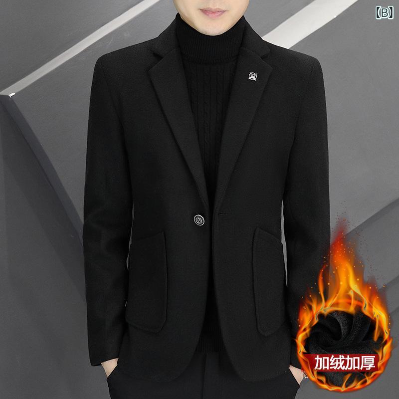 ブレザー メンズ 男性用 秋冬 裏起毛 厚手 韓国風 スリムフィット トレンド ウォッシャブル ポリエステル テーラードカラージャケット シングルボタン ストレートシルエット 普段使い 休日 ダークグレー ブラック カーキ