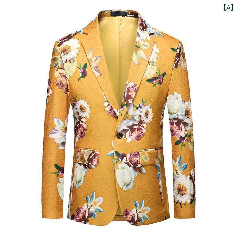 ジャケット メンズ 男性用 イエロー 花柄 総柄 秋冬 スリムフィット テーラード シングルボタン ポリエステル 混紡素材 洗濯可能 ビジネス カジュアル 普段使い