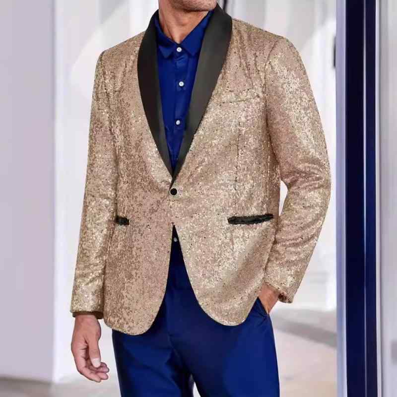 スーツジャケット 男性用 秋冬 スパンコール グリッター 光沢感 シングルブレスト 1つボタン スリムフィット テーラードカラー センターベント ブリティッシュスタイル カジュアル 混紡素材 シルバー パープル ゴールド