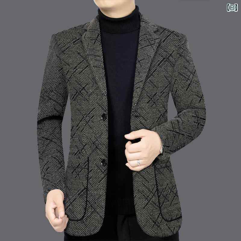 ビジネスジャケット メンズ ミドルエイジ 秋冬 ウール混 厚手 保温 通勤 スリムフィット テーラード 2つボタン ポリエステル ネイビー グレー