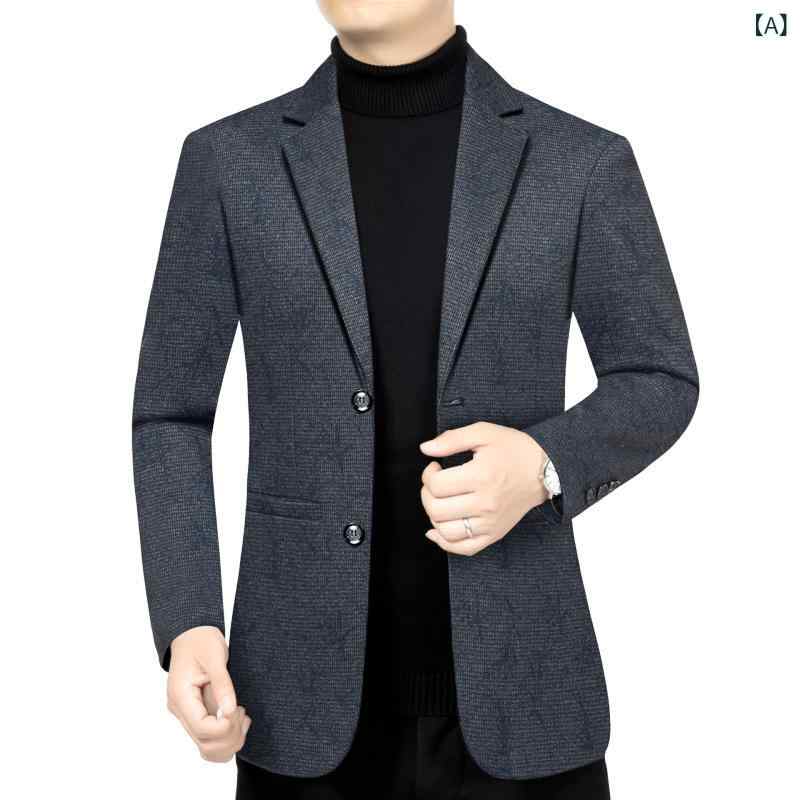 テーラードジャケット メンズ 男性用 カジュアル ビジネス フォーマル スリムフィット 細身 メルトン調 ウールライク ポリエステル シングルブレスト チェック柄 通気性 形態安定 秋冬 ネイビー グレー