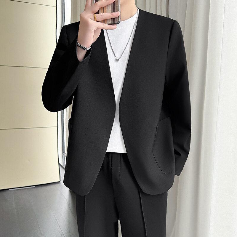 ジャケット メンズ 男性用 ノーカラー 長袖 ブレザー きれいめ 大人カジュアル 無地 韓国風 着回し タウンユース 秋冬 アウター ポリエステル トップス ブラック