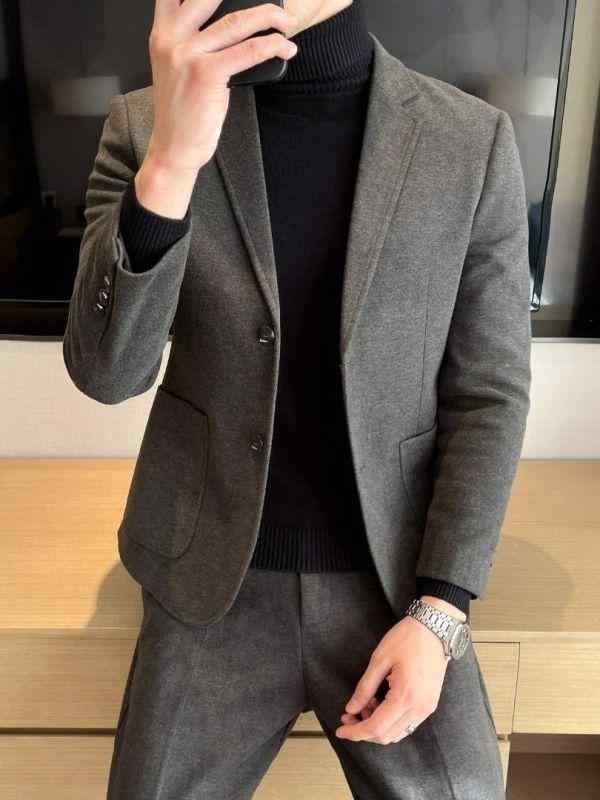 テーラードジャケット メンズ 男性用 秋冬 メルトン 厚手 高級感 大人カジュアル スリムフィット シングルブレスト ビジネス 通勤 普段使い 韓国風 防寒 アウター コート 黒 グレー 茶色 ポリエステル素材