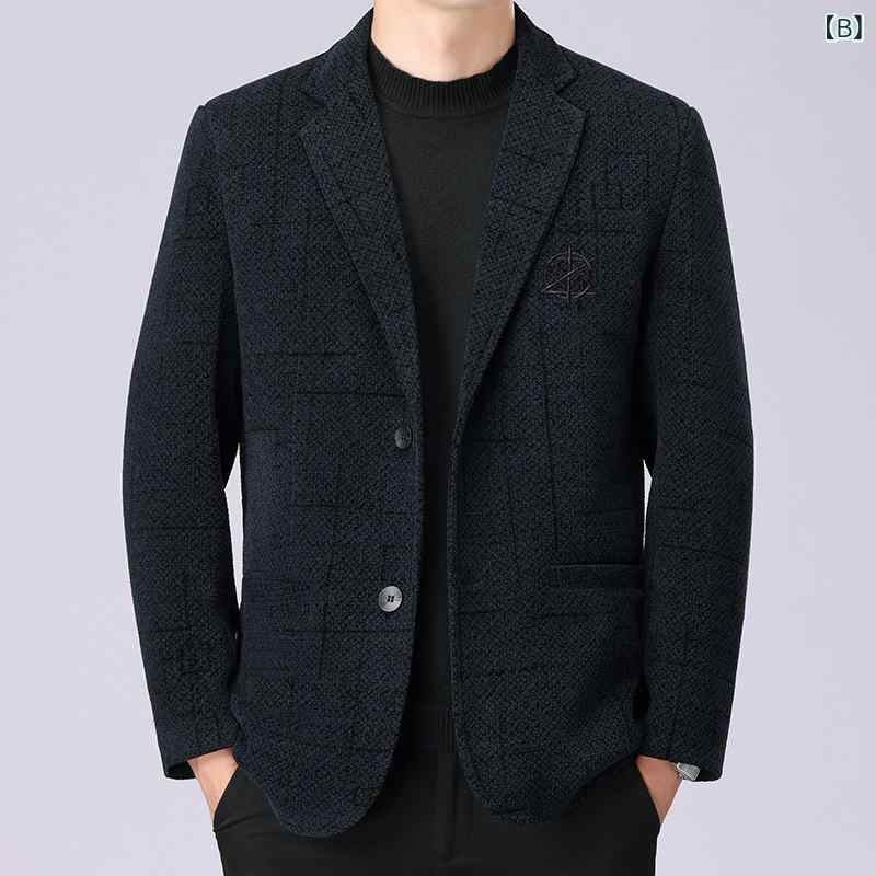 ジャケット メンズ 男性用 ミドルエイジ 裏起毛 厚手 スリムフィット ポリエステル混紡 ビジネス カジュアル 通勤 オフィス パパ向け ウォッシャブル 保温 防寒 秋冬 アウター