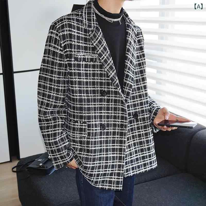 ジャケット メンズ 男性用 高級感 ダブルブレスト ダブルボタン チェック柄 格子柄 ゆったり オーバーサイズ ビッグシルエット 綿混 ポリエステル イージーケア カジュアル 普段使い タウンユース 秋冬