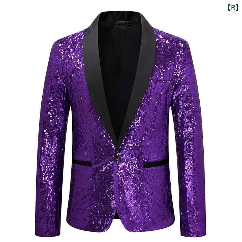 カジュアルジャケット メンズ 秋冬 スパンコール 光沢 輝き 切り替え バイカラー スーツ アウター パーティー 結婚式 ステージ衣装 テーラードカラー シングルブレスト 一つボタン 防汚加工 アセテート繊維 化繊混紡 ブラック ゴールド シルバー