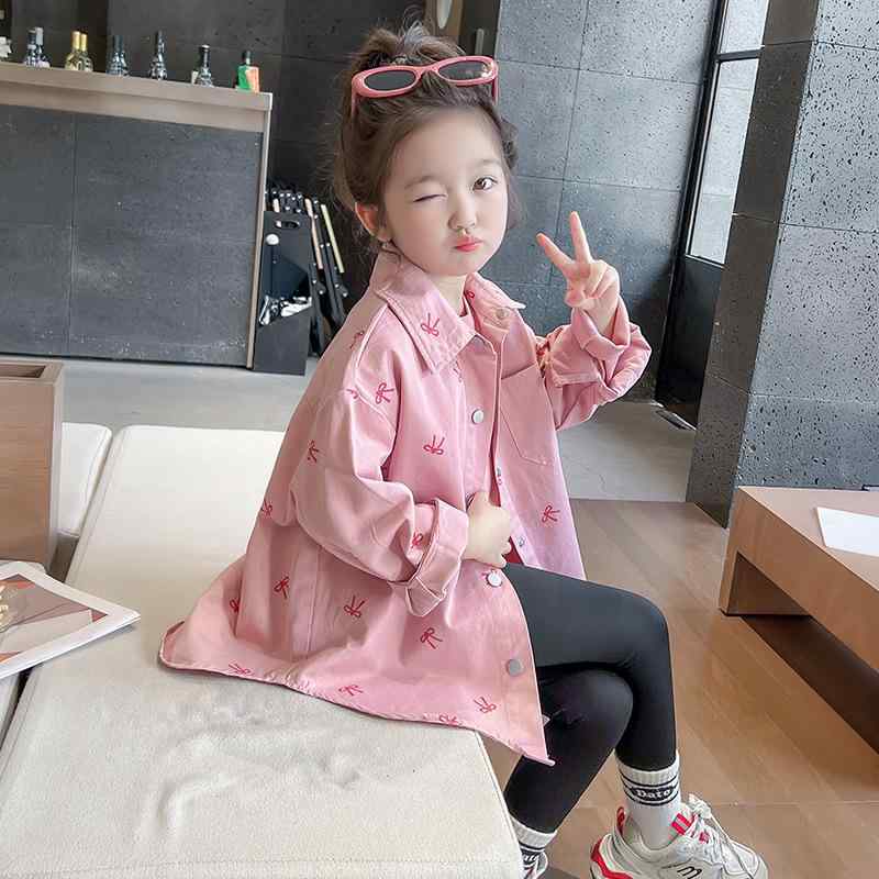 アウター ガールズ キッズ ベビー リボン シャツジャケット 春秋冬 長袖 ミドル丈 おしゃれ かわいい トレンド 韓国風 シングルボタン 前開き ラウンドネッ...