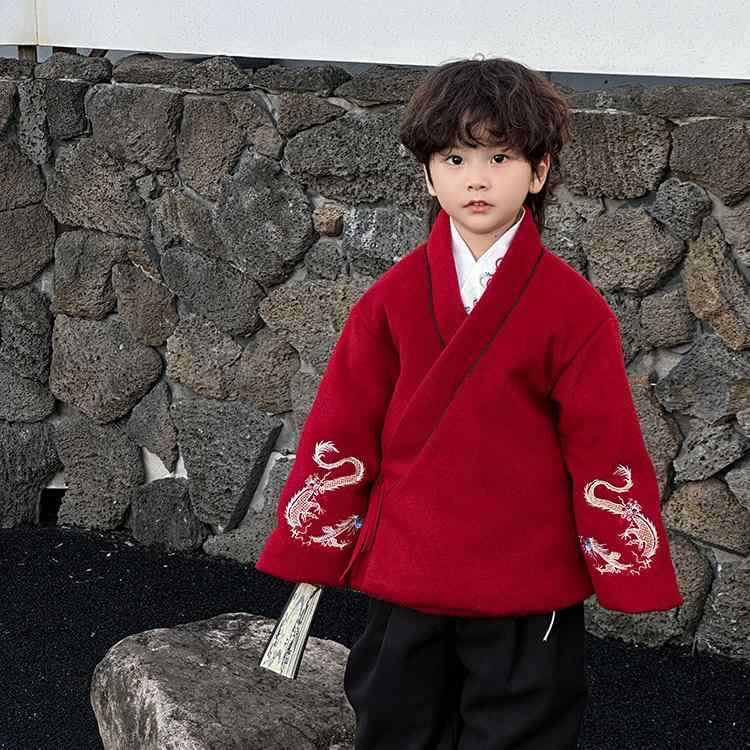 キッズ 男の子 ダウンコート メルトンコート 中国風 漢服 チャイナ服 唐装 お正月 新年 お祝い イベント 袖 ドラゴン刺繍 龍柄 厚手 防寒 暖かい 秋冬 ...