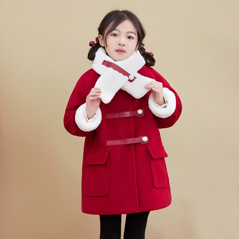 アウター 女の子 キッズ ジュニア ウールタッチ メルトン コート ジャケット 襟付き 中綿入り 厚手 赤 レッド ミドル丈 長袖 秋冬 暖かい 防寒 通園 通...