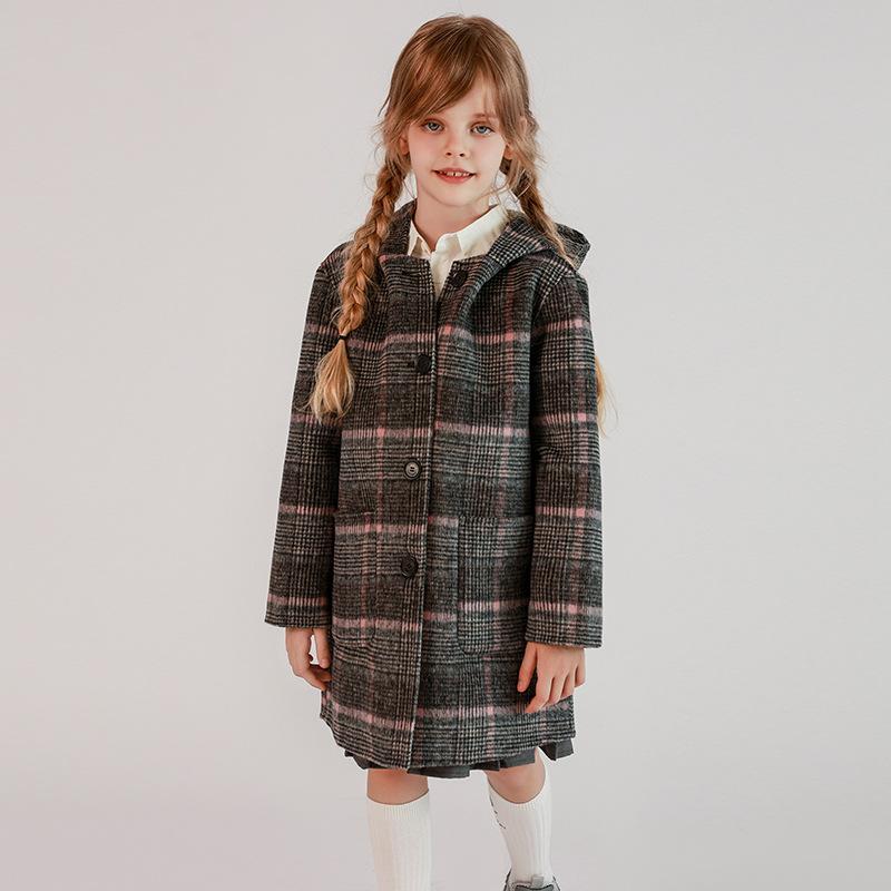 コート キッズ 女の子 ジュニア 韓国風 フード付き ダブルフェイス ウール メルトン 厚手 チェック柄 ミドル丈 ロングスリーブ シングルボタン アウター 秋...