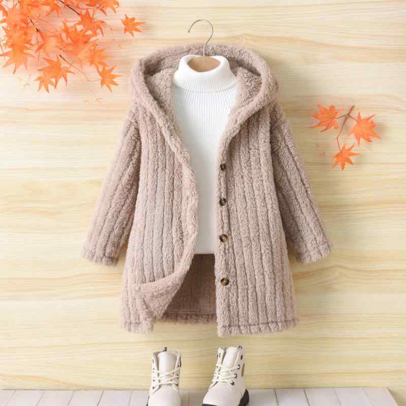 コート キッズ 女の子 カジュアル シンプル 無地 フード付き フリース 裏起毛 ウエストマーク ロング丈 長袖 秋冬 防寒 暖かい ポリエステル カーキ 通園 通学 普段使い お出かけ