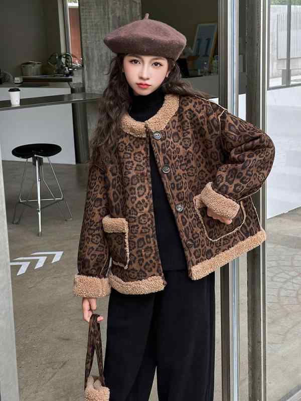 コート 女の子 キッズ ジュニア 秋冬 リバーシブル アウター ボア 厚手 暖かい 裏起毛 ミドル丈 ヒョウ柄 長袖 ラウンドネック ボタン 前開き カジュアル...