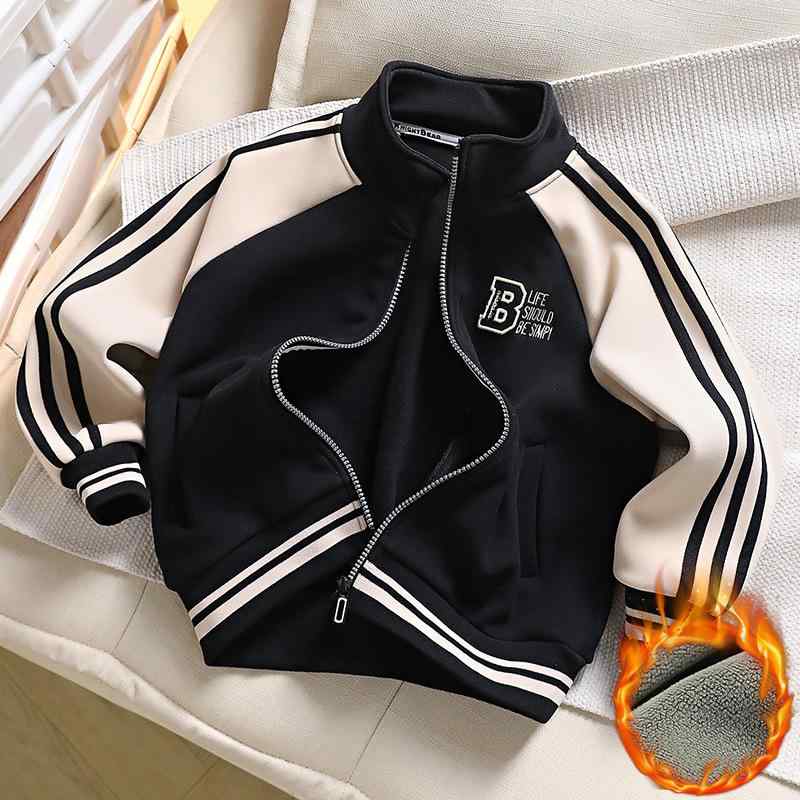 キッズ 男の子 ジップアップジャケット アウター 両面フリース 防風 厚手 スタンドカラー 長袖 冬物 カジュアル ジュニア ストライプ ロゴ ソフトタッチ ポ...