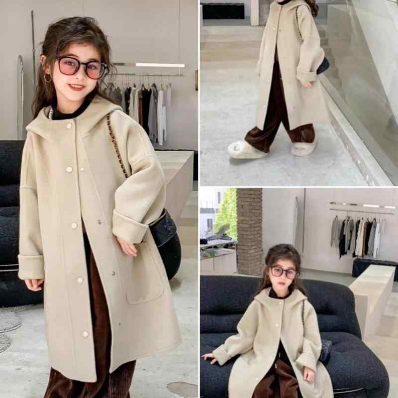 コート 女の子 ガールズ キッズ ジュニア 冬 厚手 フード付き ウール カシミヤ メルトン 韓国風 おしゃれ 高級感 ミドル丈 シングルボタン アウター レッ...