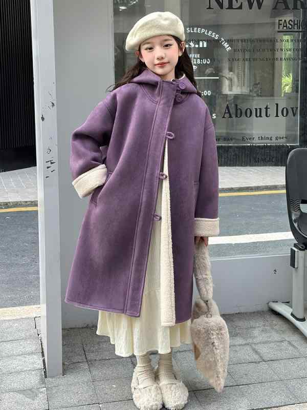 コート 女の子 ジュニア 冬 フード付き ロング丈 フェイクファー 裏ボア 厚手 暖かい 防寒 韓国ファッション 無地 カジュアル 通学 通園 お出かけ ソフト...