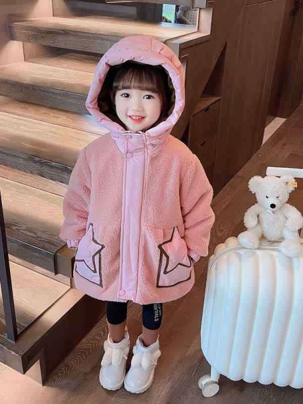 キッズ 女の子 冬 厚手 防寒 あったか フード付き 中綿コート アウター 星柄 おしゃれ かわいい 柔らか 綿混 ジップアップ ロング丈 カジュアル 普段使い...