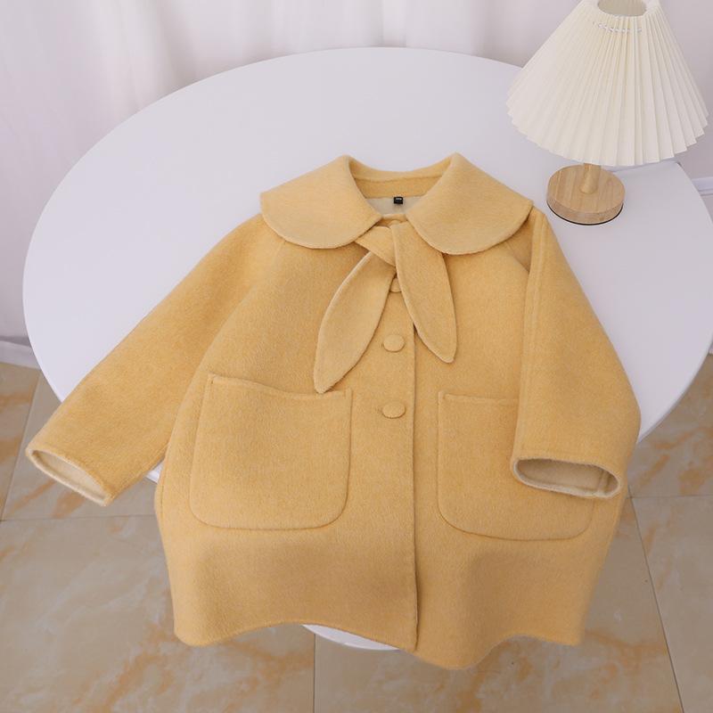 コート 女の子 キッズ 韓国風 うさ耳 かわいい テーラード襟 ダブルフェイス ウール カシミヤ 厚手 ミドル丈 秋冬 シングルボタン ウエストマーク