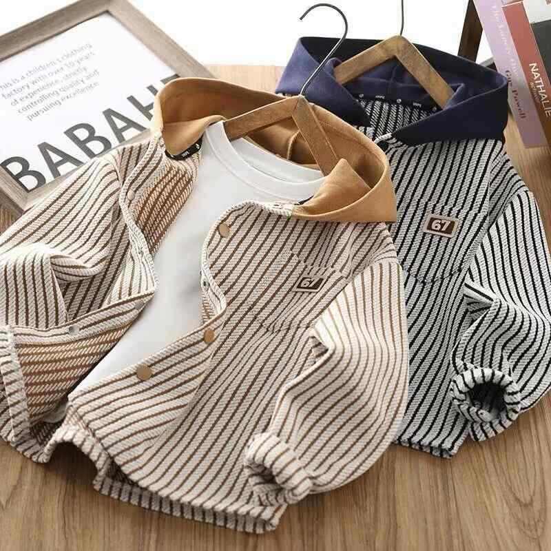 キッズ 男の子 ボーイズ アウター ストライプ柄 フード付き 長袖 シャツジャケット トップス おしゃれ カジュアル 軽アウター 通学 通園 お出かけ 普段使い...