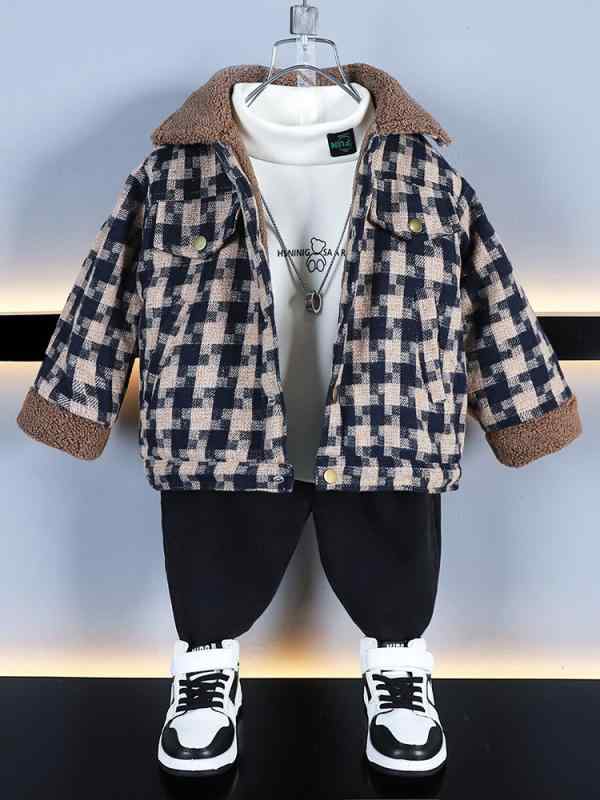 ジャケット 男の子 防風 防寒 厚手 裏ボア チェック柄 メルトン調 ポリエステル 襟付き シングルボタン ブラウン カジュアル 秋冬 上着