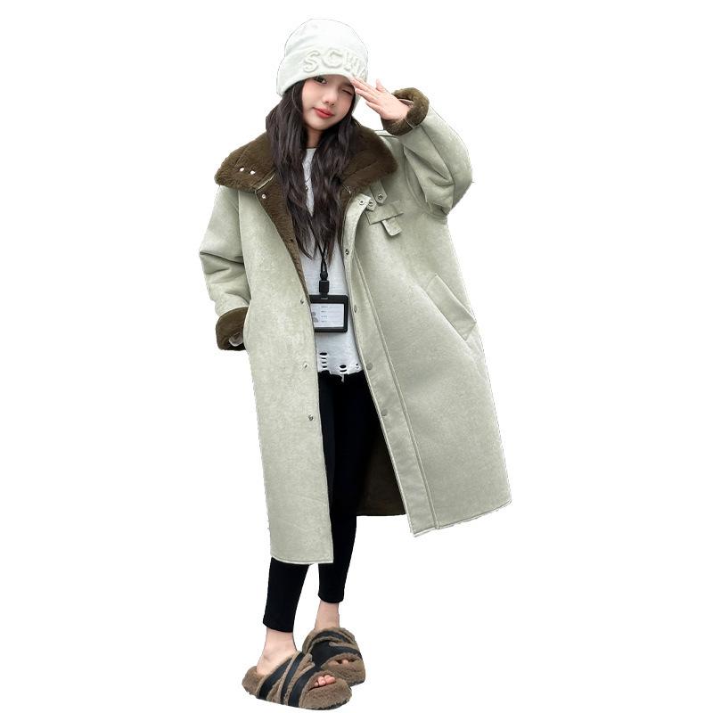 コート キッズ 女の子 ジュニア 裏ボア フェイクファー ロング丈 韓国風 厚手 シングルボタン ビッグラペル ポリエステル あったか 保温 秋冬 ベージュ カ...