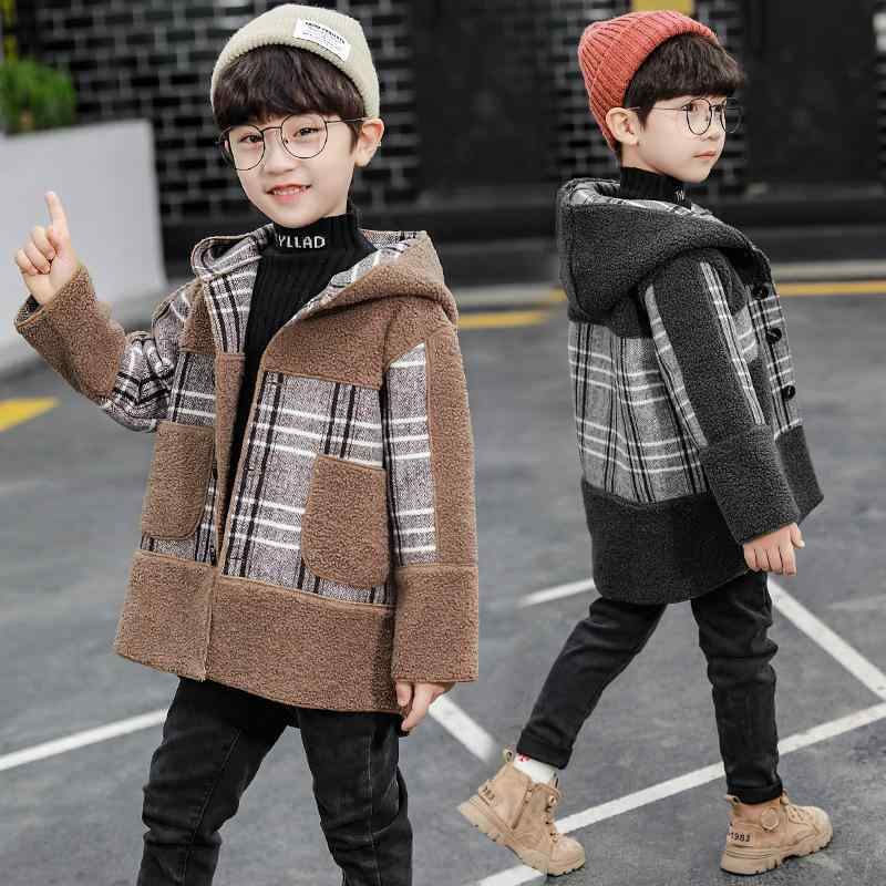 アウター キッズ 男の子 メルトンコート 厚手 裏起毛 ミドル丈 フード付き テーラードカラー シングルボタン チェック柄 ポリエステル 秋冬 カジュアル 通学...