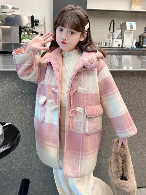 キッズ ガールズ ジュニア 女の子 コート アウター 冬物 防寒 保温 中綿入り 厚手 フード付き 長袖 チェック柄 ミドル丈 ロング丈 韓国風 カジュアル ト...