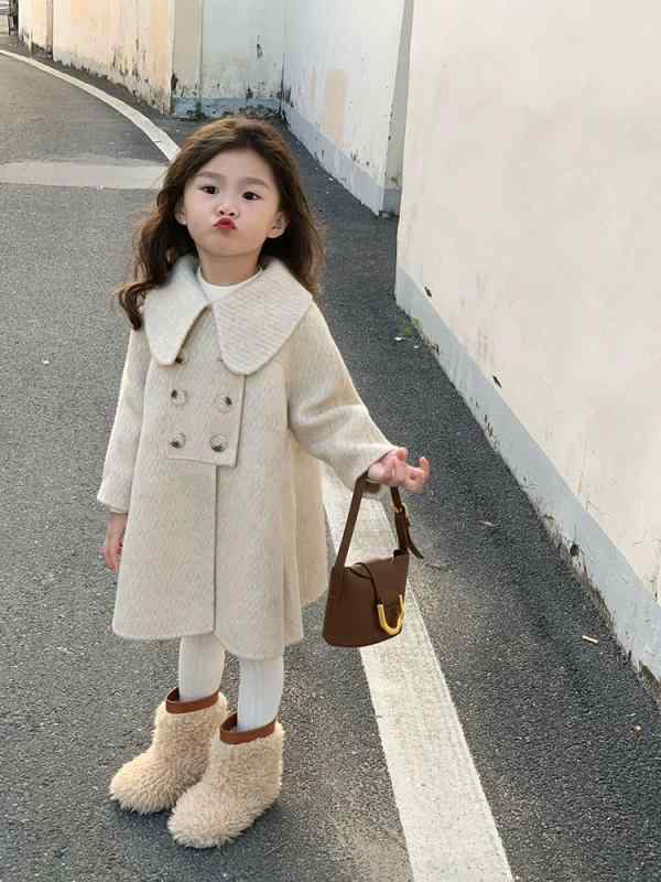 コート キッズ 女の子 ウール混 メルトン ドールカラー 丸襟 シングルボタン 長袖 厚手 ミドル丈 韓国風 かわいい アウター ジャケット 子供服 秋冬 防寒...