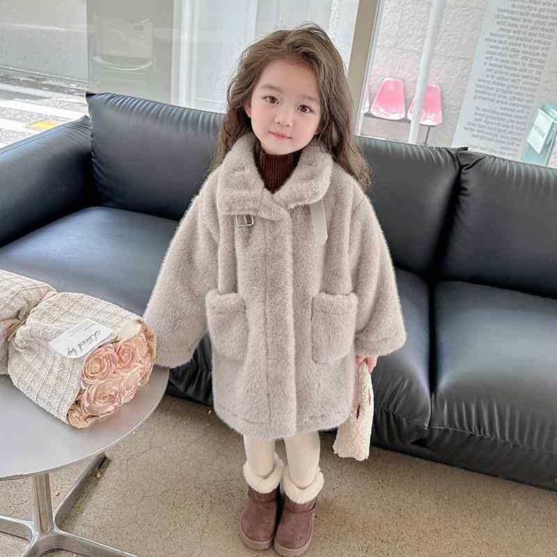 女の子 アウター キッズ 秋冬 韓国風 上品 ボアジャケット ミドル丈 フェイクファー コート 綿素材 ラウンドネック シングルボタン ホワイト グレー