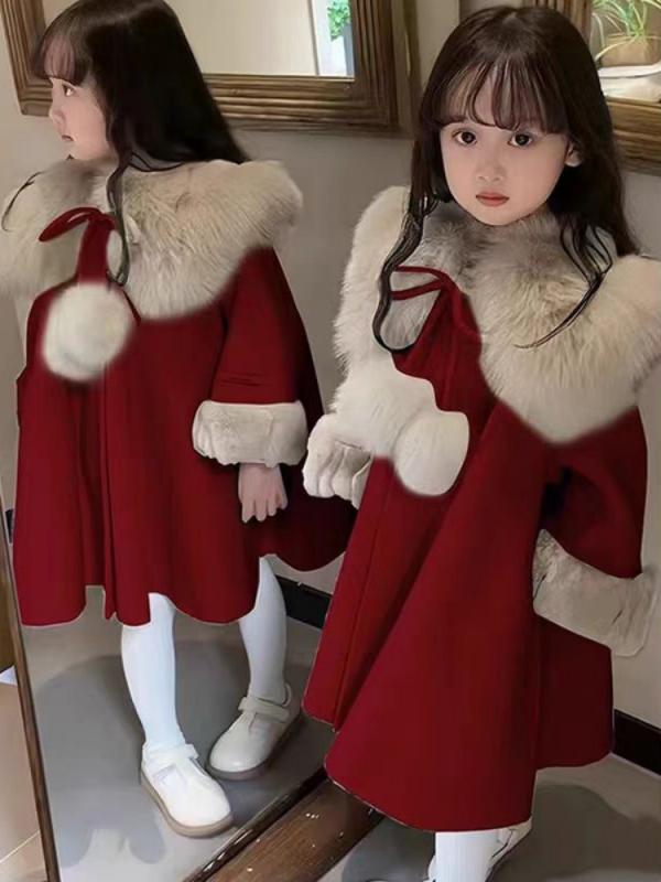 コート 女の子 キッズ アウター 秋冬 フォックスファー カシミヤ ウール メルトン 厚手 暖か 防寒 ケープ ポンチョ ラウンドネック リボン ミドル丈 チャ...