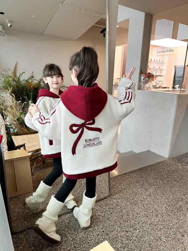 コート 女の子 キッズ ボアジャケット 秋冬 モコモコ 裏起毛 厚手 フード付き ジップアップ ミドル丈 ポリエステル 子供服 カジュアル おしゃれ