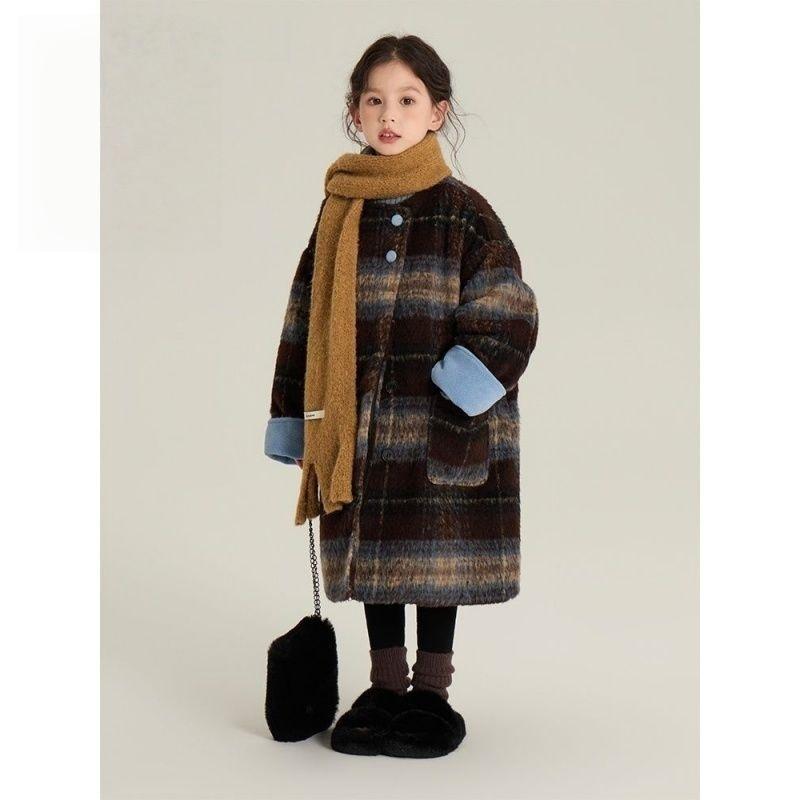 コート 女の子 キッズ ジュニア 秋冬 中綿入り 厚手 暖か メルトン ウール ロング丈 シングルボタン 防寒 通園 通学 普段使い ポリエステル ブラウン 茶...