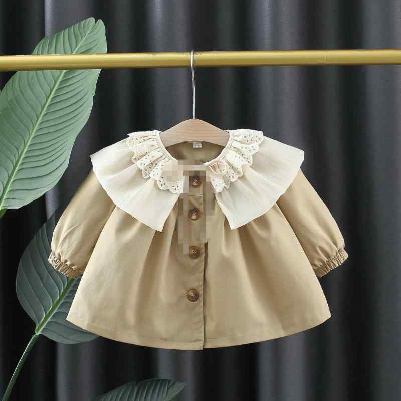 アウター 女の子 ベビー キッズ トレンチコート フリル襟 長袖 春秋 綿 コットン 柔らかい かわいい レース 韓国風 カーキ ミドル丈 シングルボタン 無地...