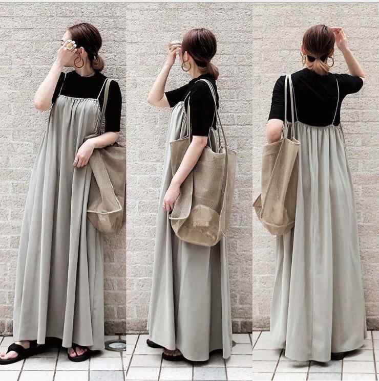 ワンピース レディース ゆったり リラックス 体型カバー 日韓風 韓国風 キャミソール ロング丈 2点セット セットアップ スクエアネック ノースリーブ Aライン フレアシルエット 綿混 春夏 かわいい フェミニン 普段使い お出かけ