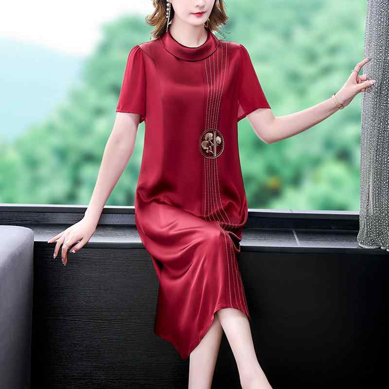 ワンピース レディース ママ向け アセテートサテン 刺繍 エレガント 上品 レトロ クラシック 着痩せ 体型カバー Aライン 丸襟 半袖 ミドル丈 春夏