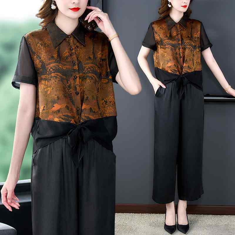 セットアップ レディース チャイナ風 ブラック 切り替え シャツ ワイドパンツ ポリエステル 高級感 大きいサイズ 春夏 七分袖 上品 エレガント 通勤 オフィス カジュアル