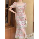 ワンピース レディース 女性用 高級感 エレガント 気品 パフスリーブ ピンク 小花柄 ミモレ丈 マーメイドシルエット 細見え スタイルアップ 美白効果 個性的 スクエアネック ハイウエスト シフォン ポリエステル 春夏