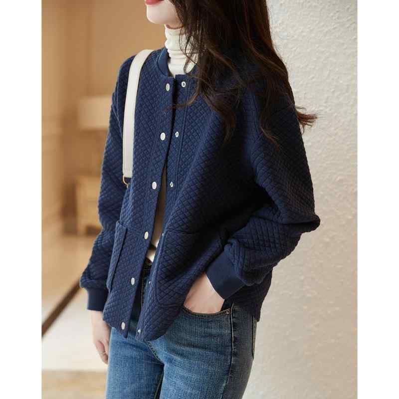 ジャケット レディース ソフトタッチ キルティング スタンドカラー ブルゾン ゆったり 長袖 ドロップショルダー 伸縮性 アウター 通勤 中厚手 秋冬 ポリエステル ネイビー
