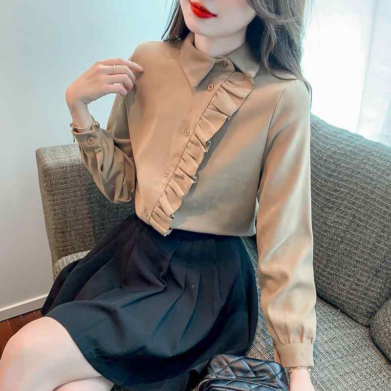 シャツ レディース 韓国風 アシンメトリー 長袖 ポロ襟 切り替え 無地 デザイン性 個性的 トップス 通勤 オフィス きれいめ ポリエステル カーキ ブラック