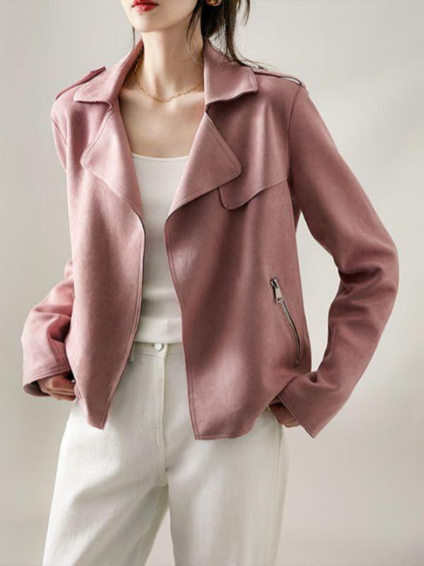 レディース アウター 秋冬 エコスエード ライダースジャケット ショート丈 長袖 無地 切り替えデザイン 軽量 イージーケア カジュアル ..