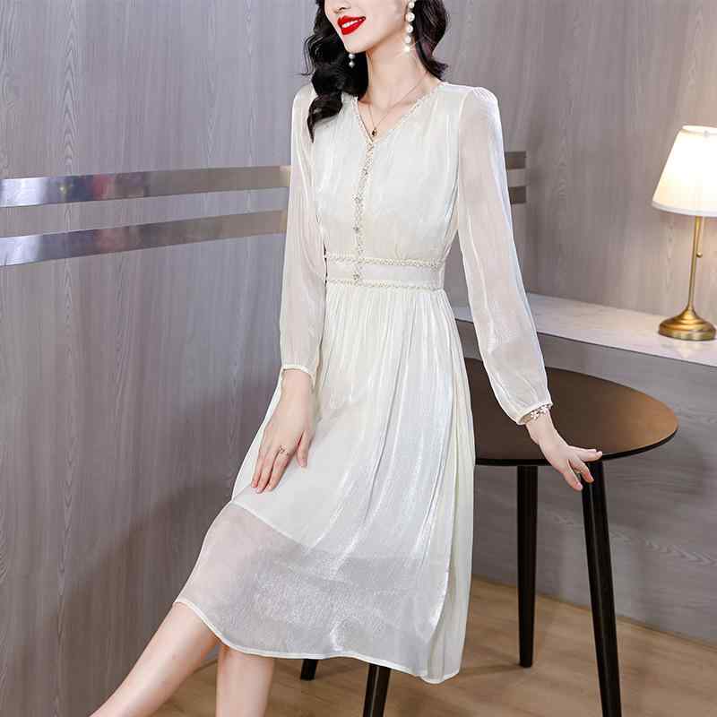 ワンピース レディース フレンチスタイル Vネック シフォン ラメ 光沢感 Aライン ミモレ丈 長袖 春夏 エレガント 上品 オフィス 通勤 パーティー ドレス