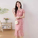 ワンピース レディース 女性用 フレンチテイスト ピンク 小花柄 高級感 スリムフィット 個性的 マーメイド ロング丈 切り替え プルオーバー Aライン ラウンドネック 半袖 ポリエステル 春夏 エレガント カジュアル 通勤 普段使い