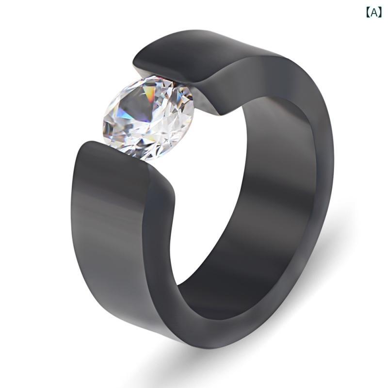 way-ugoの指輪 男女兼用 オープンリング ペア カップル向け 8mm ジルコニア 埋め込み チタン鋼 ステンレス製 幾何学デザイン シンプル スタイリッシュ 韓国風 おしゃれ デイリーユース ブラック ゴールド シルバー｜アングル2