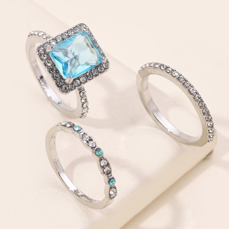 指輪 レディース 3点セット ホワイトゴールドカラー プラチナカラー 合金製 ブルー ジルコニア 煌めき シンプル ミニマル 幾何学模様 電気メッキ ファッション オフィス 通勤 普段使い 高級感