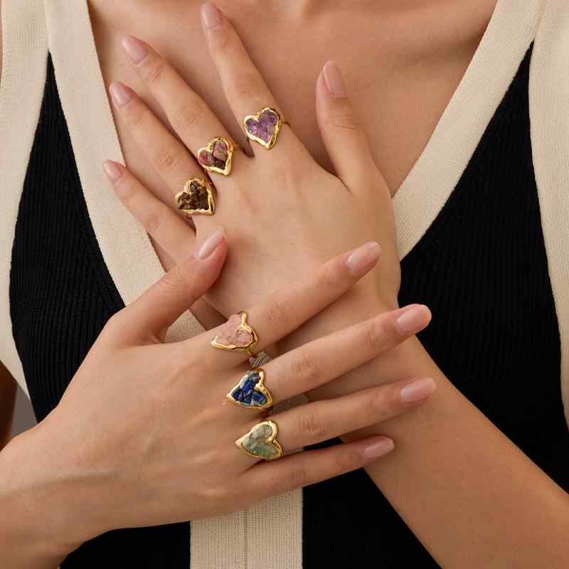 指輪 レディース インスタ映え 欧米風 小ぶり ステンレス 18K金メッキ ハート 天然石 シンプル 高級感 ..