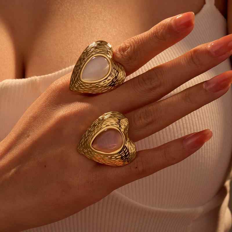 指輪 レディース ステンレス ゴールドメッキ オープンリング レトロ アンティーク風 INS風 大ぶり ハート キャッツアイデザイン 上品 大人カジュアル オフィス 通勤 デイリー アクセサリー リング ホワイト ピンク
